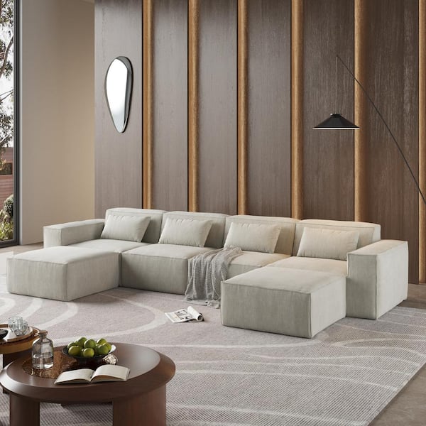J&E Home 110 in. Square Arm 6-piece Modular U Shaped Luxury Chenille Free Combination Sectional Sofa with Foam-Filled in. Beige