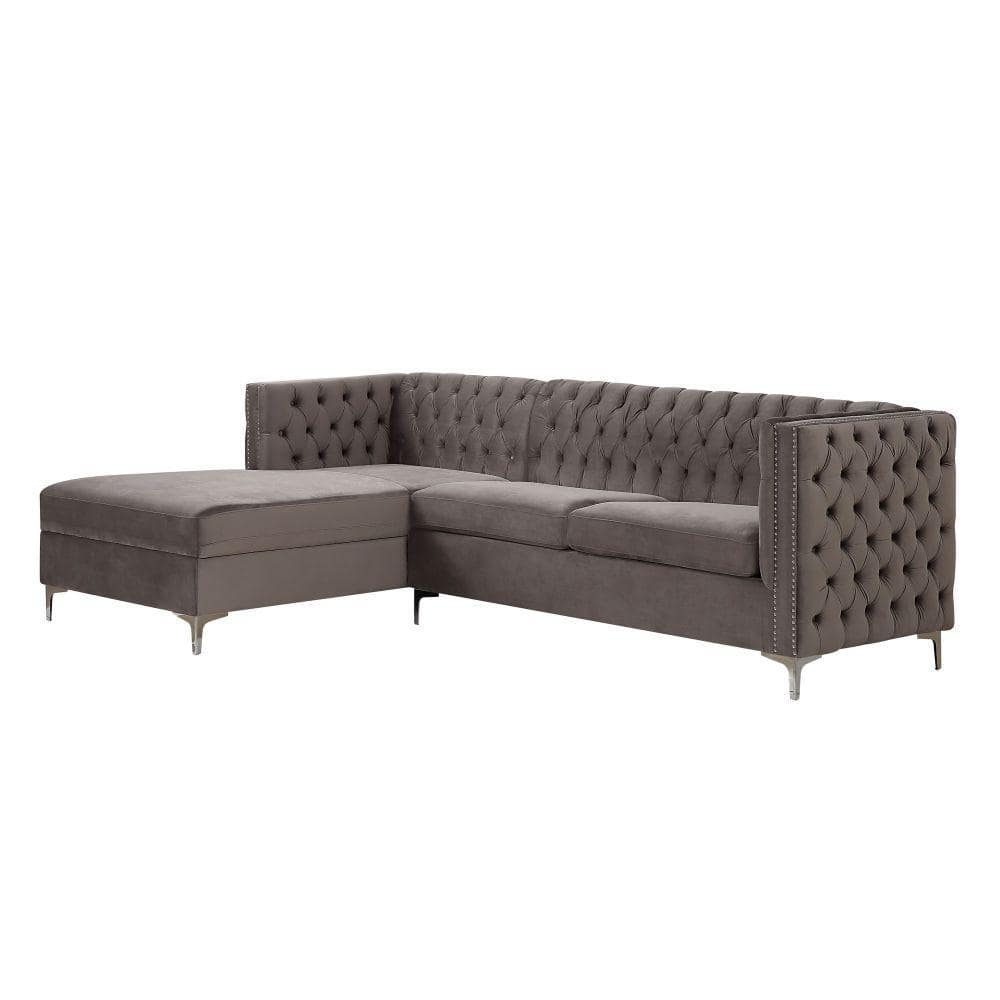 Benjara 108 in. Straight Arm 2-Piece Fabric L Shaped Sectional Sofa in Gray with Button Tufted Details -  BM251090