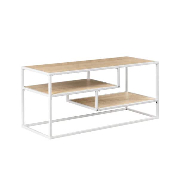 40 in. Modern Coastal Oak Wood and White Metal TV Stand with Open Storage (Max TV Size 43 in.)
