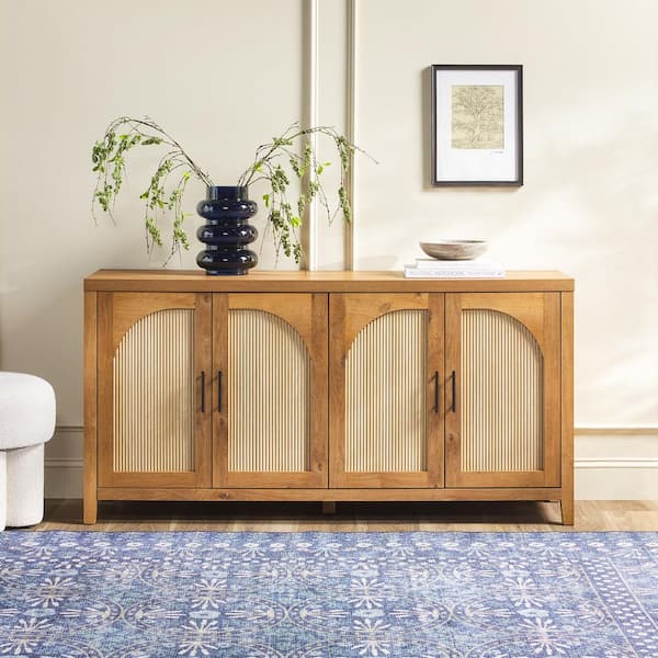 Modern English Oak MDF 60 in. Reeded Sideboard with Arched Doors
