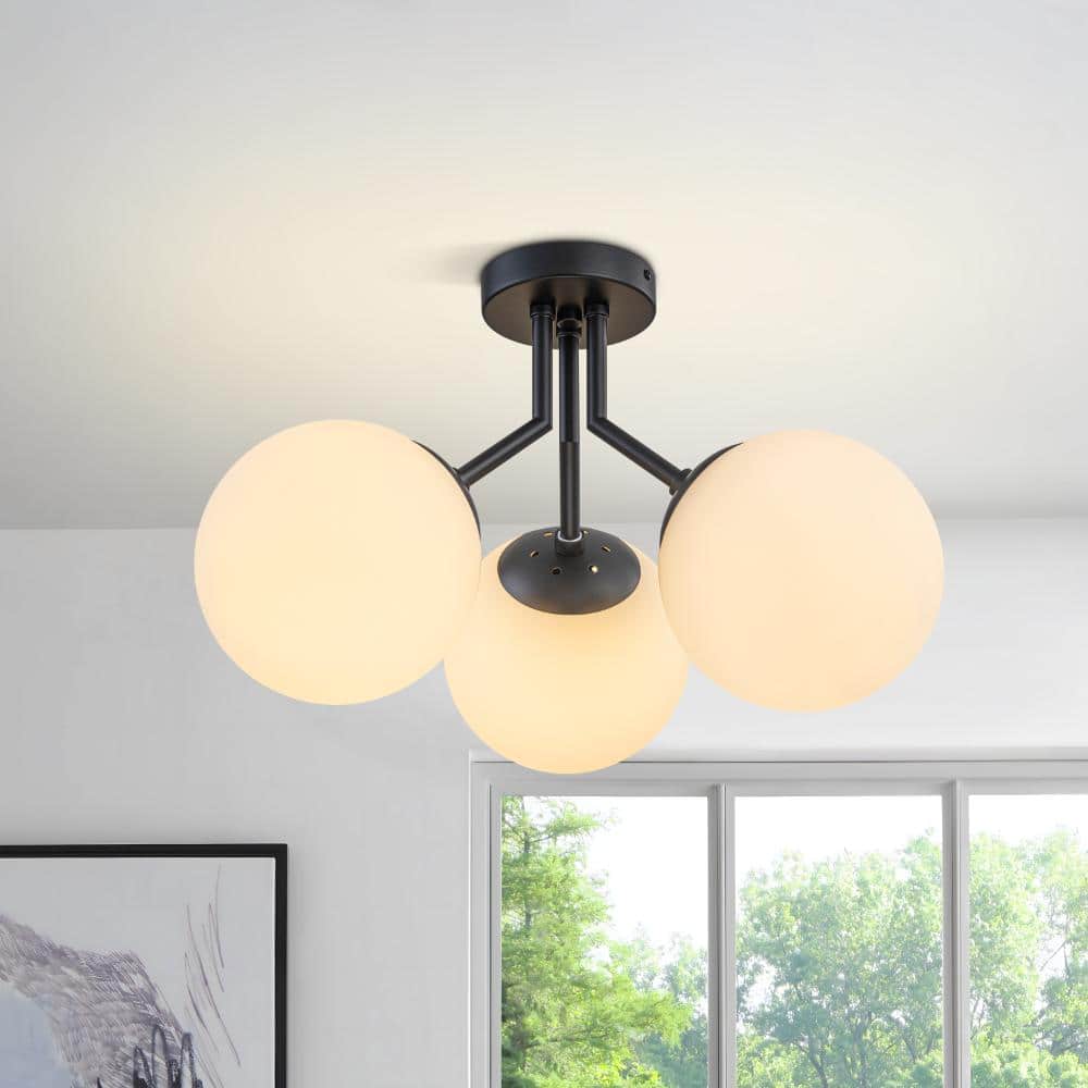 18.9 in. Modern Black 3-Light Globe Semi Flush Mount Ceiling Light with Opal Glass for Bedroom Dining Room Entryway price history on PriceWatchPro