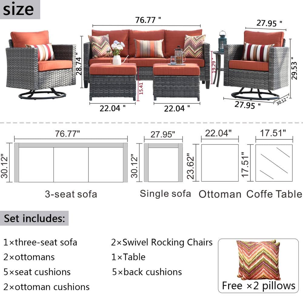 7-Person Gray Steel Frame Patio Sofa Set with Orange Cushions