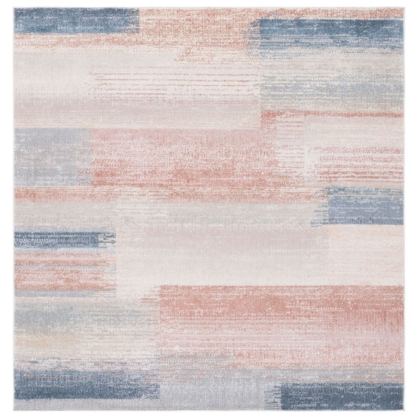SAFAVIEH Blair Beige/Blue 7 ft. x 7 ft. Rust Machine Washable Geometric Distressed Square Area Rug