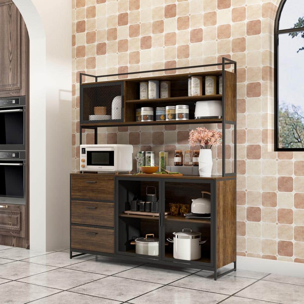 Brown Wood and Metal Mesh 3-Door Kitchen Pantry Cabinet