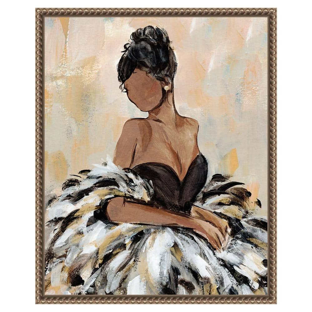 Elegant Black Dress with Feathers Framed Canvas Wall Art 16"x20"
