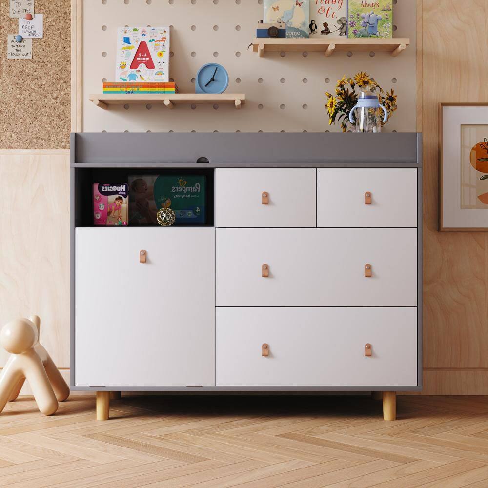 Gray 5-Drawer 32.3 in. Wide Kids Dresser with Diaper Changing Table, Storage Cabinet for Baby Safety, Drawers and Shelf