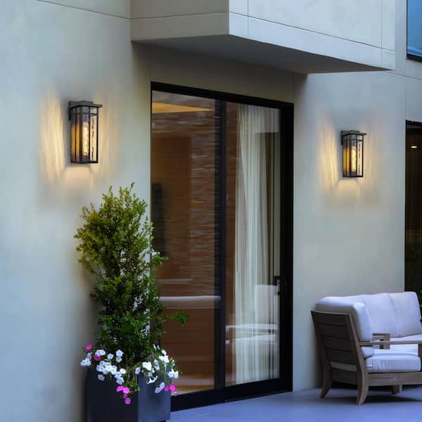 15 in. Matte Black Outdoor Hardwired Wall Lantern Sconces with Water Glass, No Bulbs Included (2-Pack)
