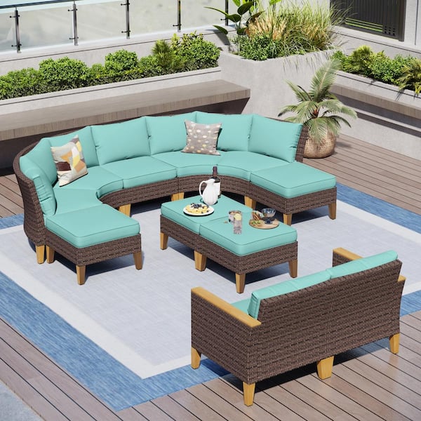 Brown Rattan Wicker 11 Seat 11-Piece Steel Patio Outdoor Sectional Set with Blue Cushions
