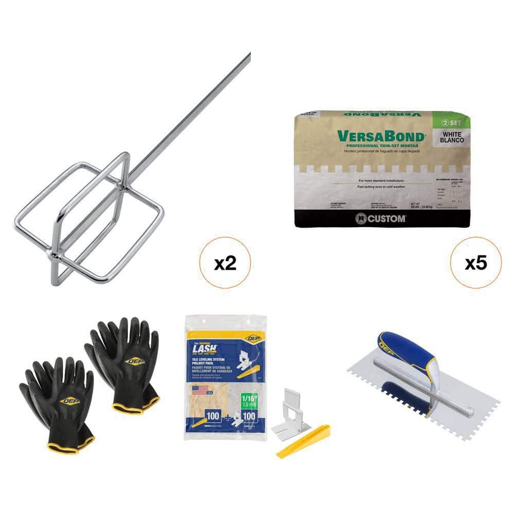 Thinset Mortar, Mixing Paddle, Trowel, Leveling Clips and Tiler's