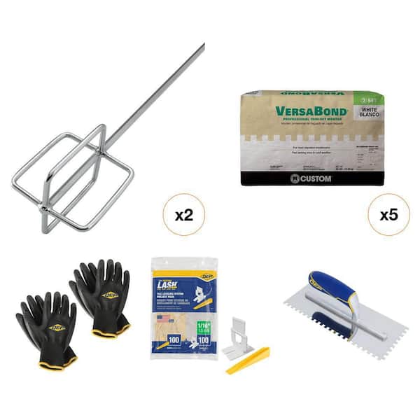Thinset Mortar, Mixing Paddle, Trowel, Leveling Clips and Tiler's Gloves Combo (206-Piece)