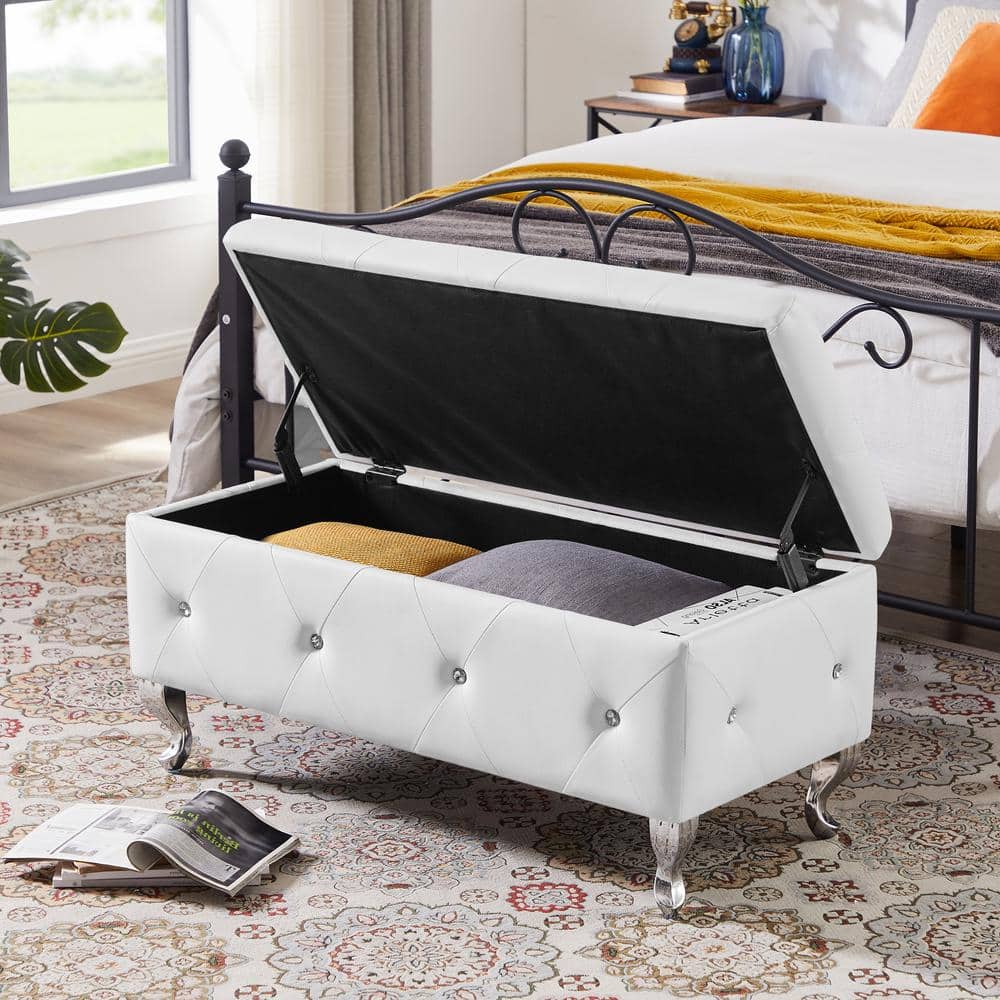 White 38.2 in. Leather Upholstered Bedroom Bench Flip Top Storage Ottoman B