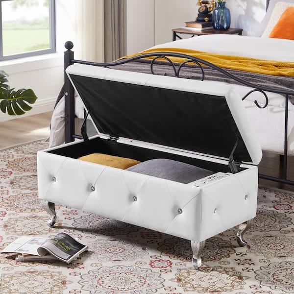 Unbranded White 38.2 in. Leather Upholstered Bedroom Bench Flip Top Storage Ottoman Bench with Button Safety Hinge And Metal Legs