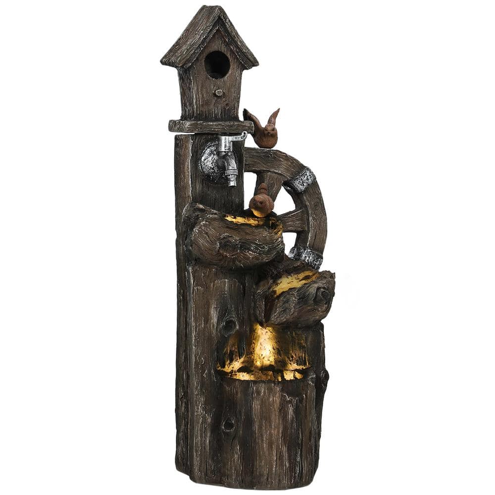 2-in-1 Tiered Water Fountain with Birdhouse, Outdoor Waterfall Fountain wit
