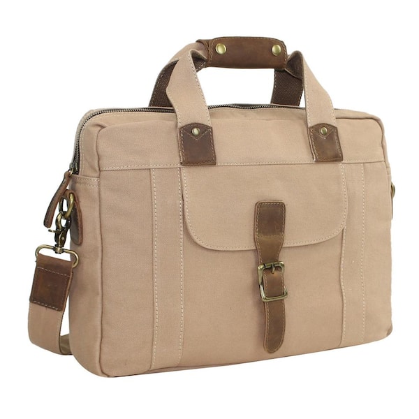 Vagarant 15 in. Khaki Casual Canvas Laptop Messenger Bag with 14.3 in. Laptop Compartment