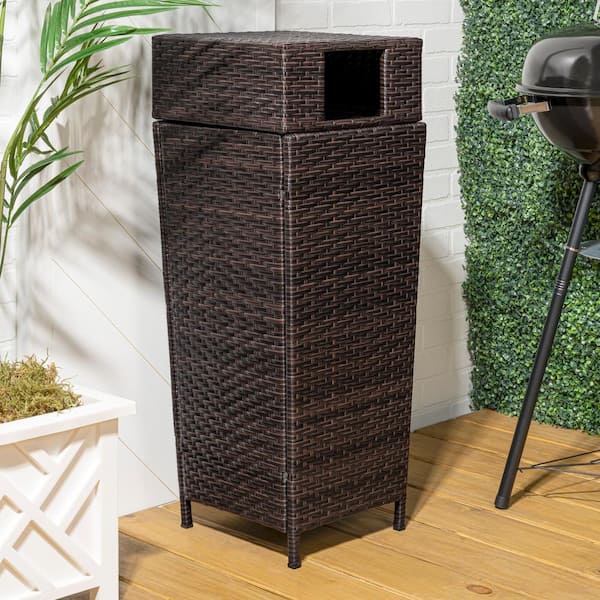 Keaton Modern 24.13-Gal. All-Weather Wicker/Metal Lidded Hideaway Outdoor Trash Can, Brown