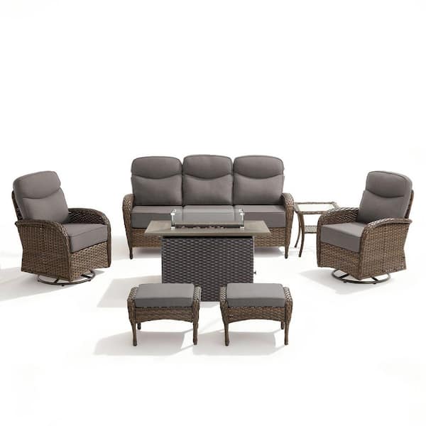 High Crescent 7-Piece Brown Wicker Patio Conversation Set with Gray Cushions and Rectangular Fire Pit Table