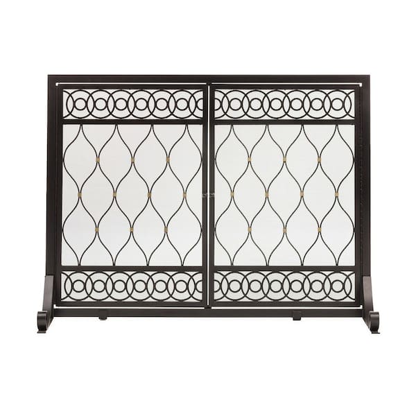 38 in. x 31 in. Weave Pattern Black Metal 1-Panel Fireplace Screen with Doors