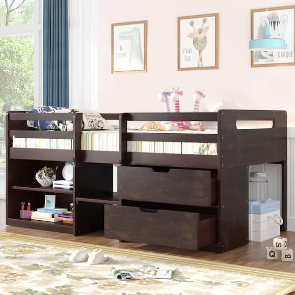 Polibi Twin size Loft Bed with Two Shelves and Two drawers