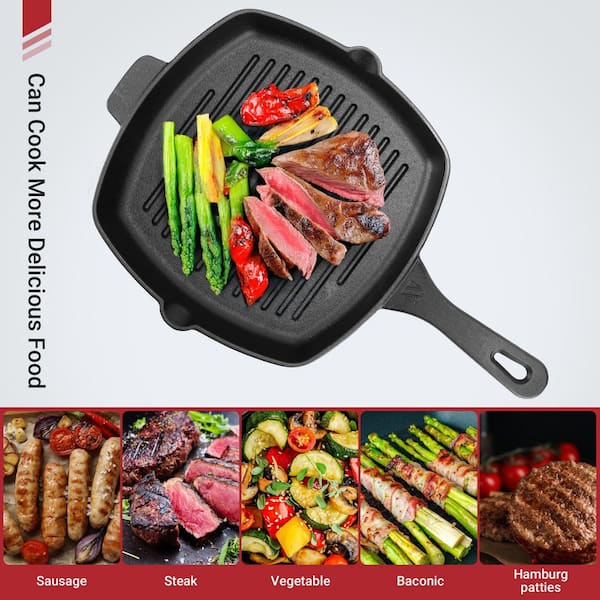 Numhew 10.5 in. Cast Iron Square Grill Pan with Tempered Glass Lid