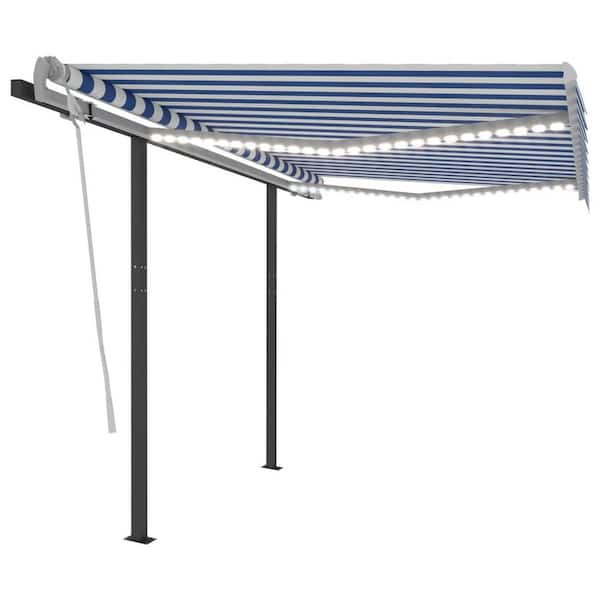 Unbranded 118.1 in. Manual Retractable Awning with Posts and LED (96 in. Projection) in Blue and White