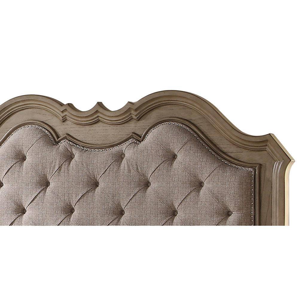 Elegant Beige Fabric Queen Bed with Tufted Nailhead Upholstery