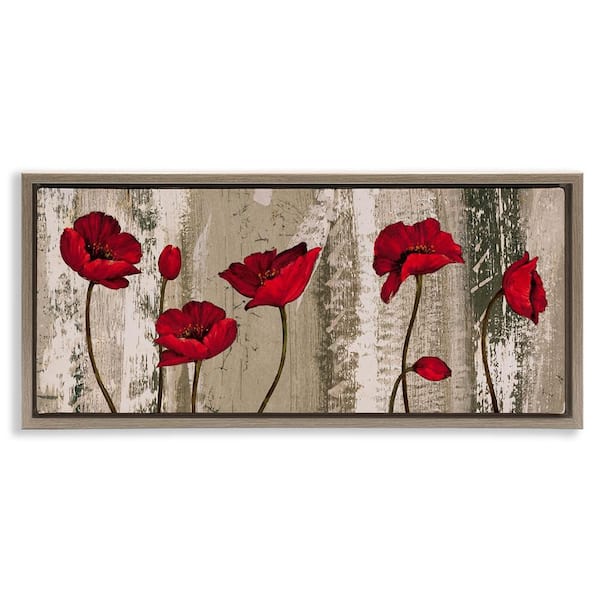 Stupell Industries Red Anemones on Tan by Brian Foster Brown Floater Frame Nature Graphic Art Print 11 in. x 25 in.