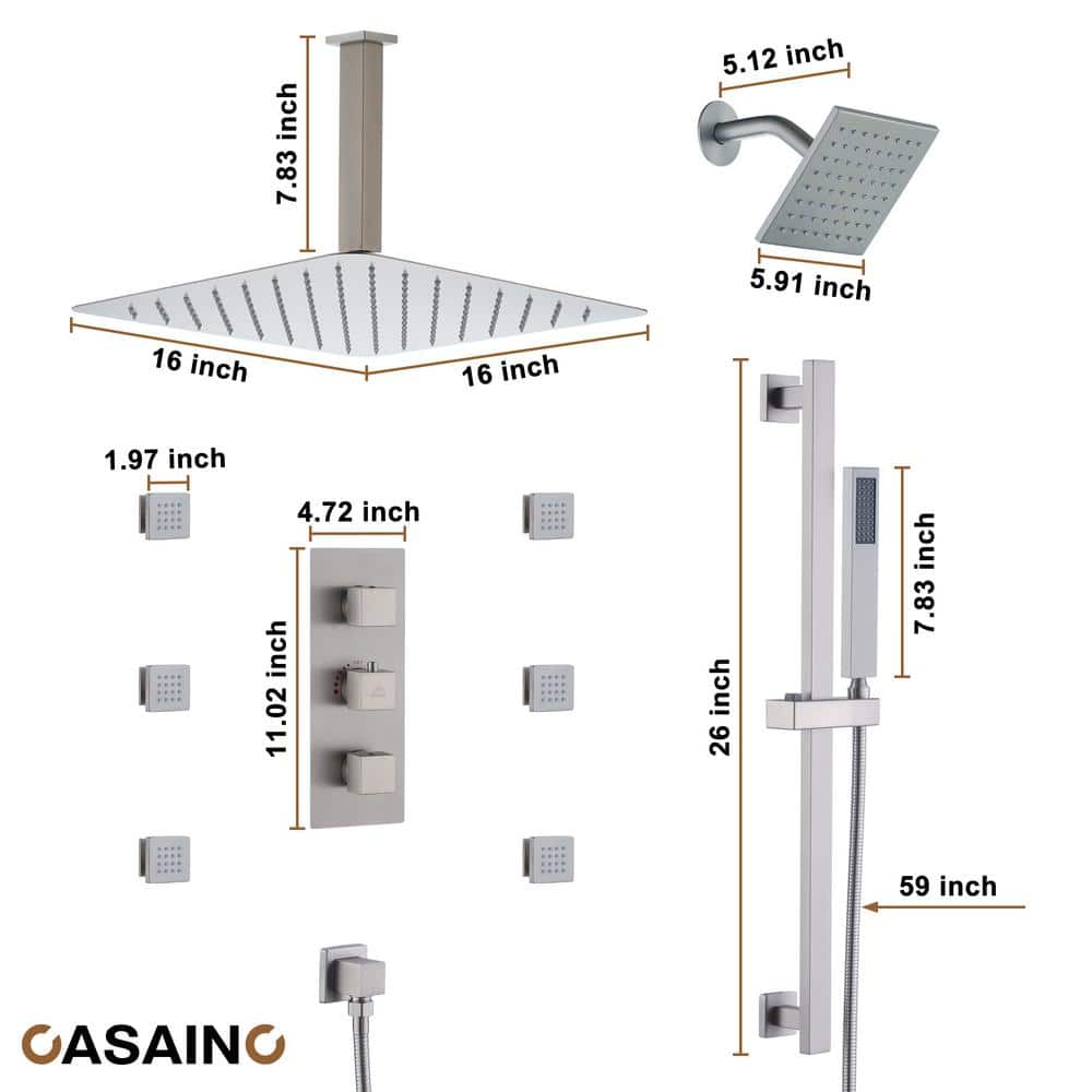 Brushed Nickel Large Square Rainfall Dual Shower Head System