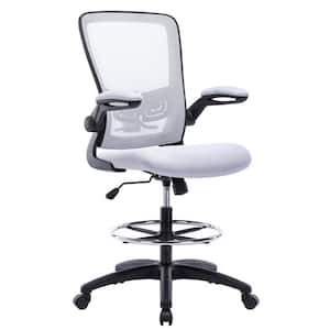 White Flip-Top Ergonomic Mesh Drafting Swivel Desk Chair Lumbar Support, Height Adjustable with Foot Ring