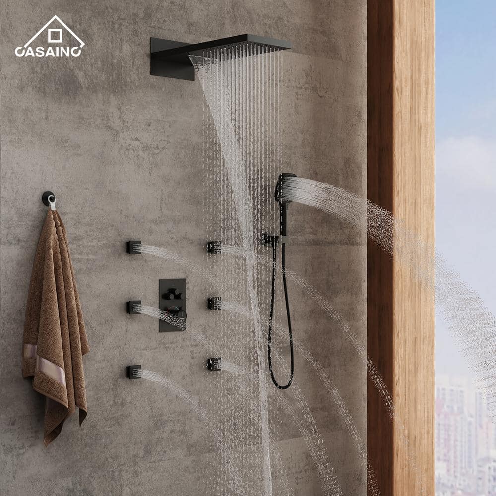 Matte Black Wall Mounted Rainfall Shower System with Body Jets