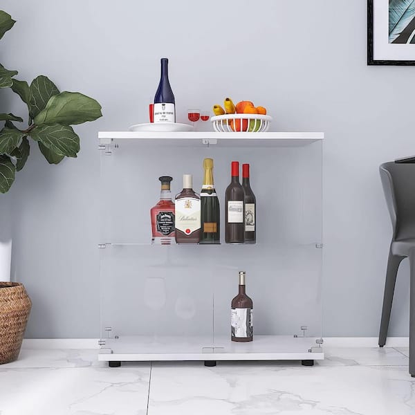 Unbranded White 2-Tier Glass Storage Cabinet 2-Shelves with Door, Standing Curio Bookshelf (35.35 in. x 31.69 in. x 14.37 in.)