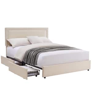 Queen Bed Frame with 4 Storage Drawers, Beige Upholstered Platform Bed with Headboard and Wooden Slats Support
