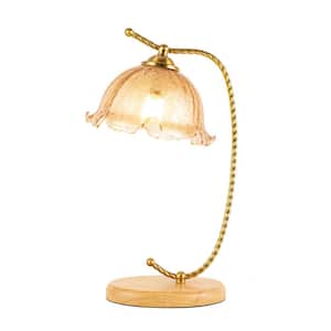 17.7 in. 1-Light Wood and Gold Retro Flower-Shaped Table Lamp for Bedroom with Amber Glass Shade, No Bulbs Included