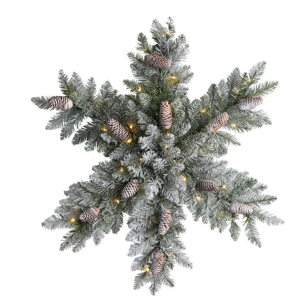 Nearly Natural 30in. Prelit LED Flocked Dunhill Fir Snowflake Artificial Christmas Wreath with Pinecones and 40 LED Lights