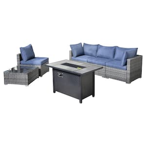 Messi Gray 6-Piece Wicker Outdoor Patio Conversation Sectional Sofa Set with a Metal Fire Pit and Denim Blue Cushions