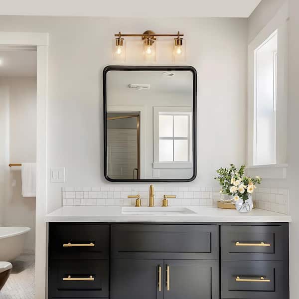 Modern Plated Brass Bathroom Vanity Light 22 in. 3-Light Classic Decorative Wall Sconce with Cylinder Clear Glass Shades