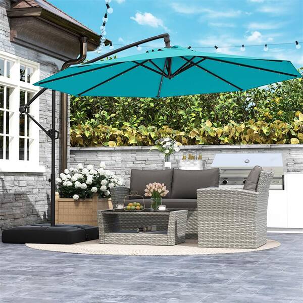 10 ft. Metal Cantilever Solar Tilt Offset Hanging Umbrella Patio Umbrella with 32 LED Lights in Turquoise
