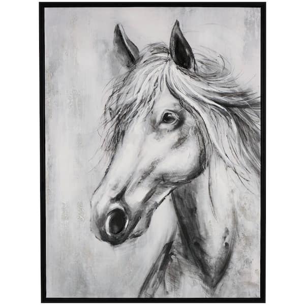Litton Lane 1- Panel Horse Hand Drawn Inspired Shaded Framed Wall Art Print with White Background 47 in. x 36 in.