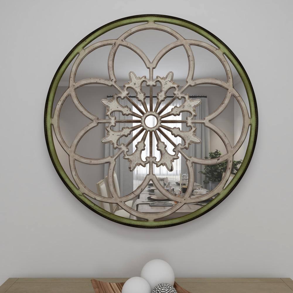 Vintage White Floral Medallion Round Wall Mirror