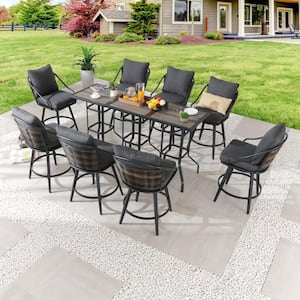 11-Piece Metal Bar Height Outdoor Dining Set with Gray Cushions