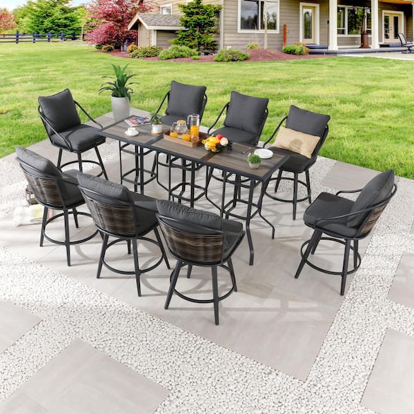 Patio Festival 11-Piece Metal Bar Height Outdoor Dining Set with Gray Cushions
