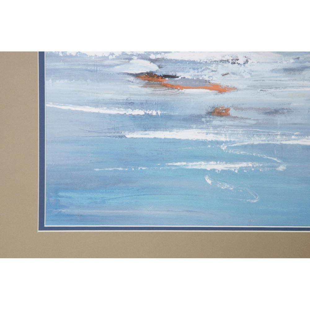 Blue Coastal Sailboat Painting Print in Dark Brown Wood Frame