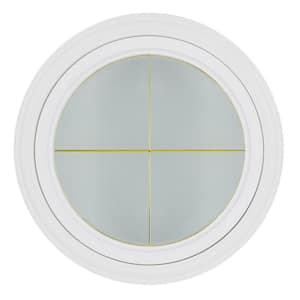 24.5 in. x 24.5 in. Triple-Pane Round Picture Vinyl Insulated Window with Obscure Glass and Brass Cross Design, White