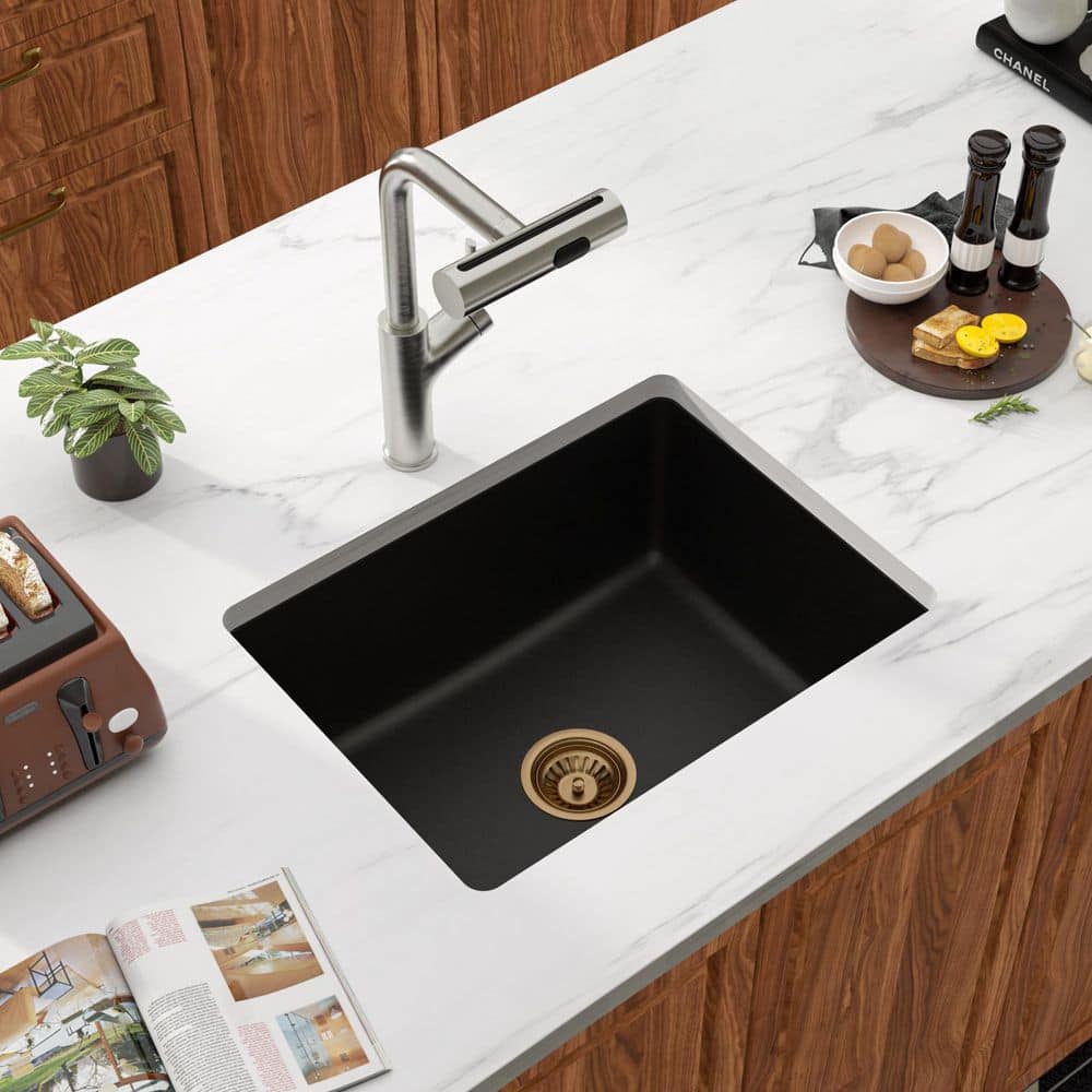 22 in. x 17 in. Quartz Composite Matte Black Single Bowl Granite Undermount Kitchen/Bar Sink with Gold Accessories price history on PriceWatchPro
