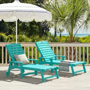 Oversized Plastic Outdoor Chaise Lounge Chair with Wheels and Adjustable Backrest for Poolside (set of 2)-Aruba Blue