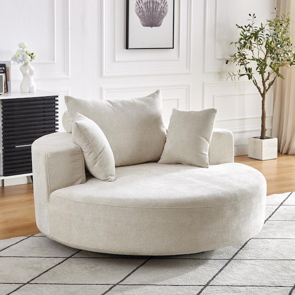 Unbranded Beige Chenille Foam Single Swivel Chair, Fluffy Modern Sleeper, 360° Swivel Chair for Living Room, Bedroom