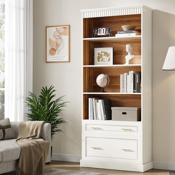 BYBLIGHT Eulas 72 in.Tall White Engineered Wood 5-Shelf Standard Bookcase with File Cabinet Drawer,Open Display Storage Bookshelf