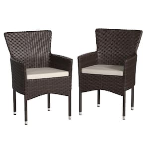 Brown Wicker/Rattan Outdoor Lounge Chair in White Set of 2