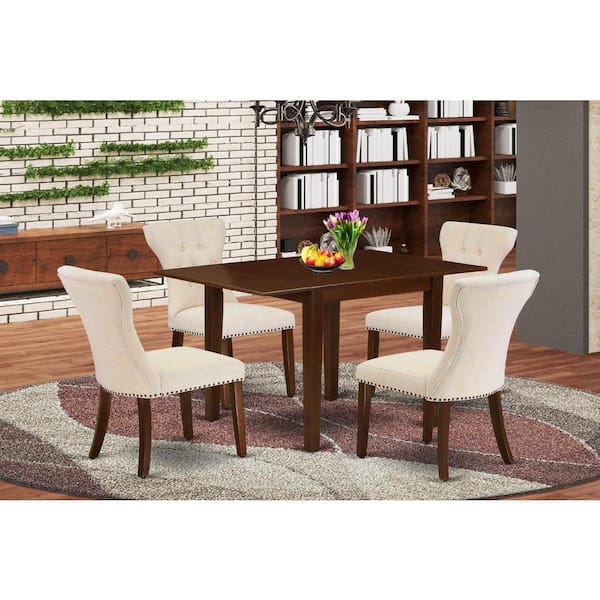 East West Furniture 5-Piece Mahogany Finish Solid Wood Top - Rectangular Button Tufted Dining Room Set with Dropleaf - Seats 4