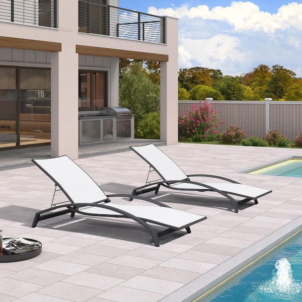 PURPLE LEAF Outdoor Lounge Chaise with Arm All Weather Adjustable Lounger for Beach Pool Lawn Garden, White