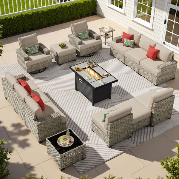Verdantia 15 Pieces Wicker Rectangular Fire Pit Sets and Swivel Rocking Chairs with Beige Cushion